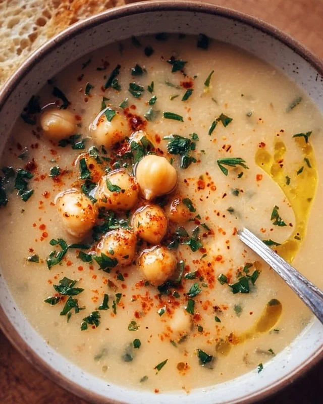 Bowl of Garlic Chickpea Soup garnished with parsley