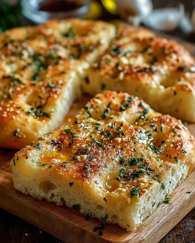 Freshly baked Garlic Parmesan Focaccia Bread with herbs and cheese topping