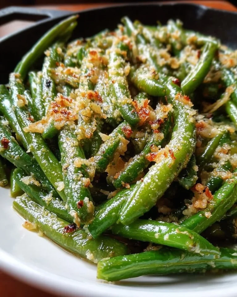 Plated Garlic Parmesan Green Beans garnished with parmesan cheese and herbs