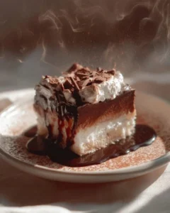 Delicious gingerbread cake topped with frosting on a festive plate