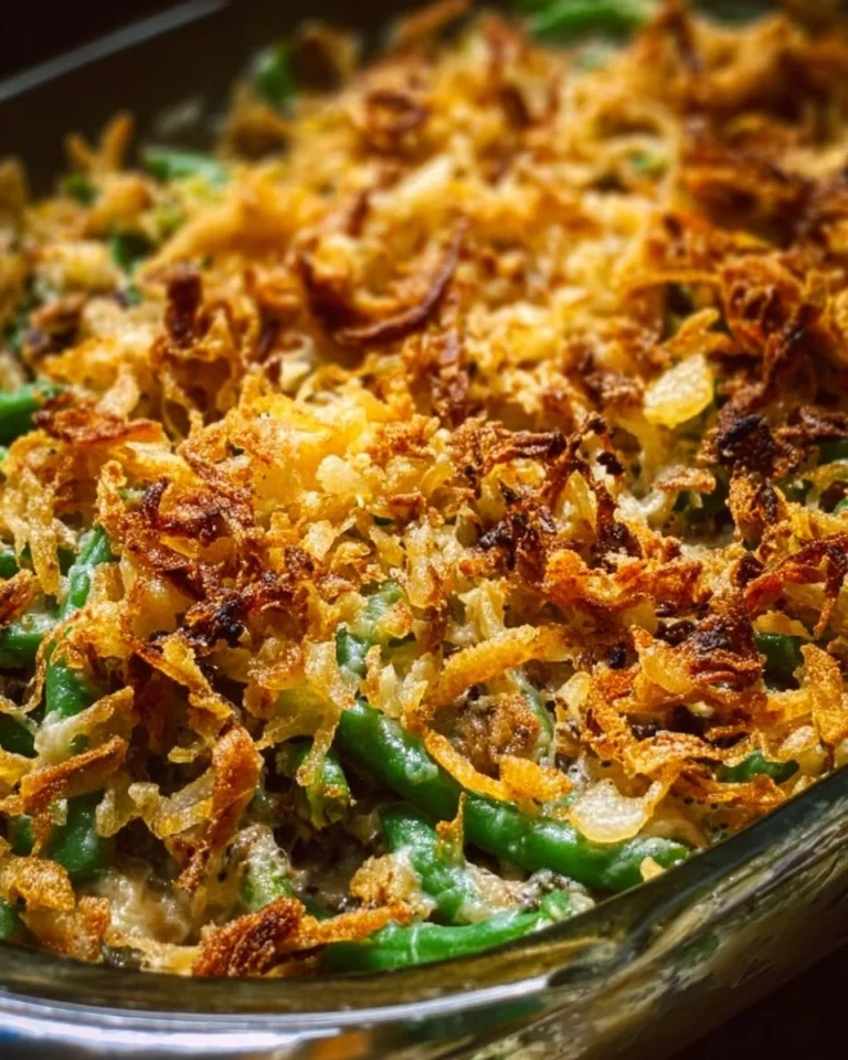 Delicious upgraded green bean casserole with crunchy toppings and cream sauce