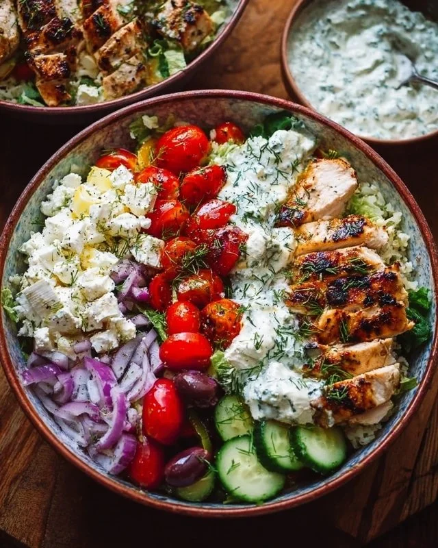 Delicious Greek Chicken Bowl with fresh vegetables and rice