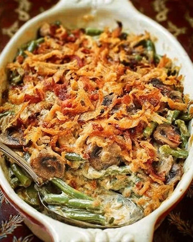 Delicious green bean casserole with bacon and mushrooms served in a baking dish