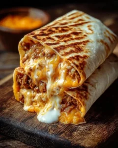 Delicious grilled cheese burrito, featuring melted cheese and flavorful fillings wrapped in a warm tortilla.
