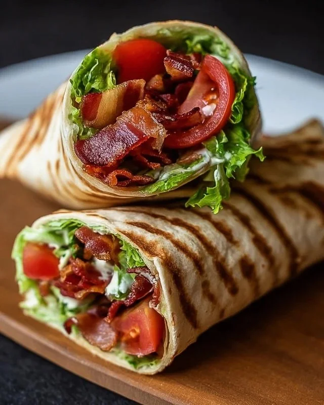 Healthy BLT wraps with bacon, lettuce, tomato, and secret sauce ready to serve.