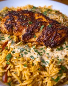 Healthy Cajun Chicken served with rice on a plate