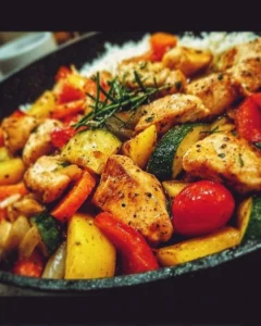 Healthy Chicken and Vegetables Skillet served in a pan with colorful veggies