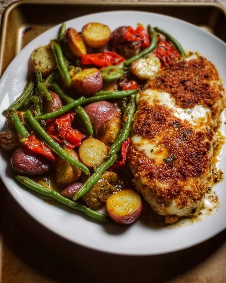 Healthy chicken parmesan served with roasted vegetables on a plate.