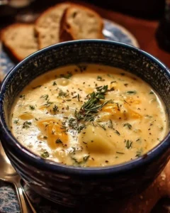 Bowl of hearty cheddar garlic herb potato soup topped with fresh herbs