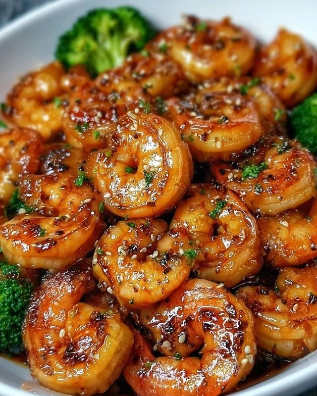 High-protein honey garlic shrimp served with vegetables on a plate.