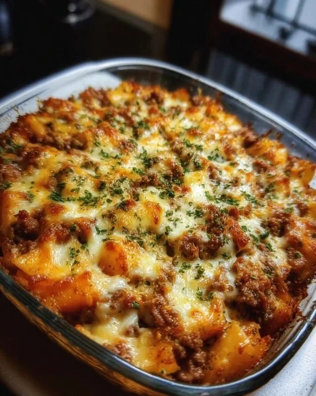 Delicious Hobo Casserole served in a baking dish with fresh herbs and vegetables.