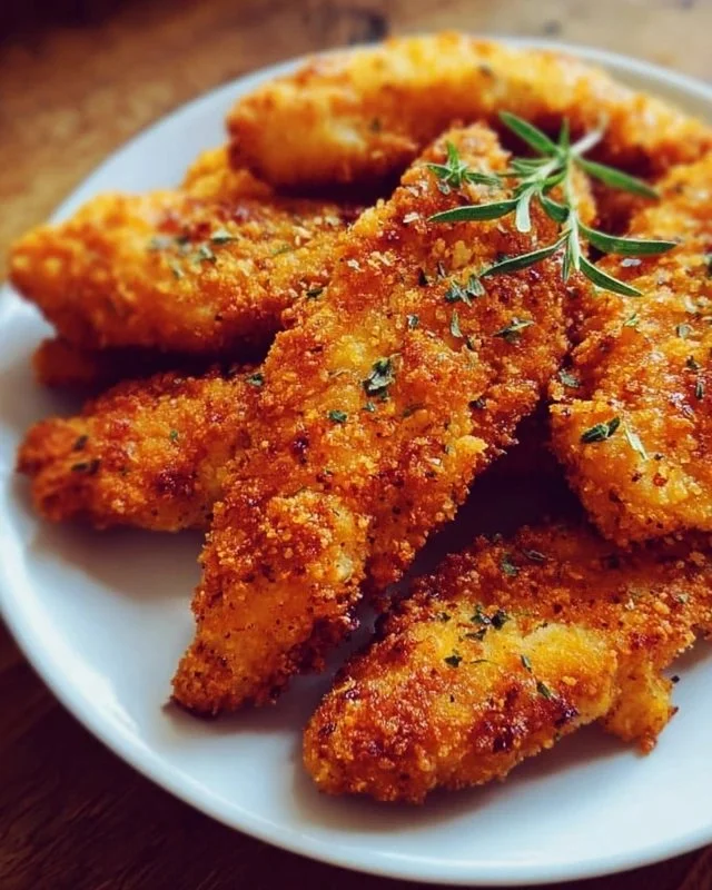 Plate of delicious homemade baked chicken tenders with a crispy coating.