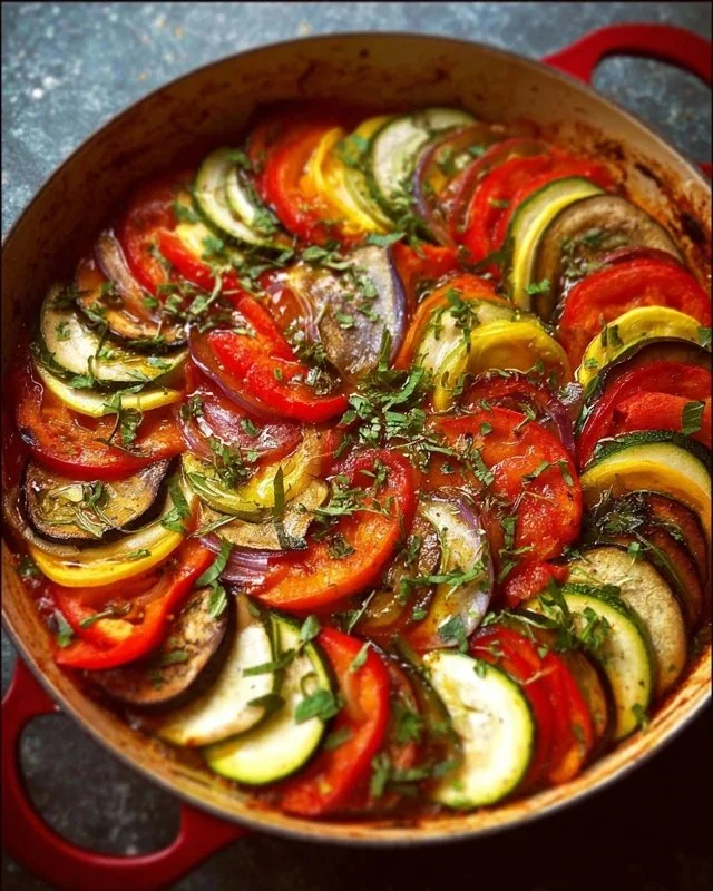 Homemade classic French Ratatouille featuring fresh vegetables and aromatic herbs.