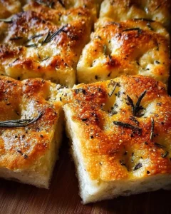 Freshly baked homemade focaccia bread with herbs and olive oil