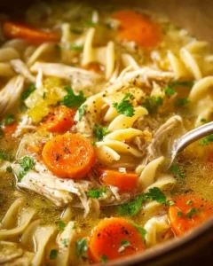 Homestyle chicken noodle soup in a bowl with fresh herbs