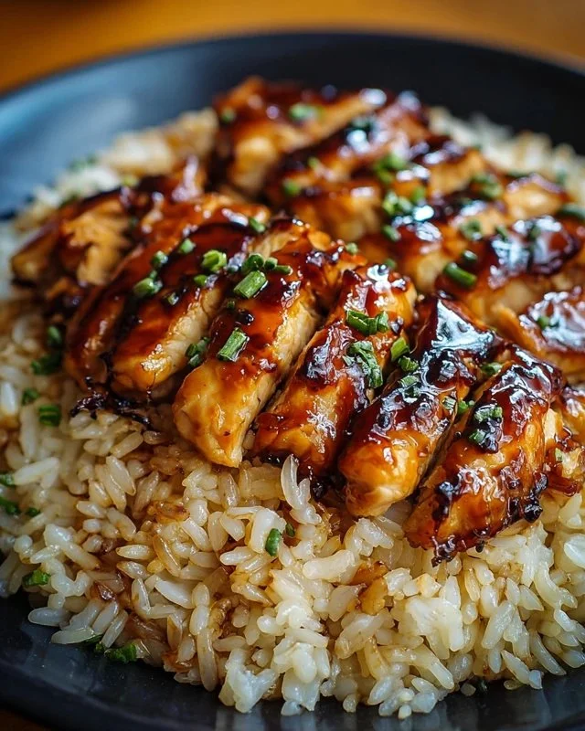 Plate of Honey BBQ Chicken served with rice and garnished with herbs