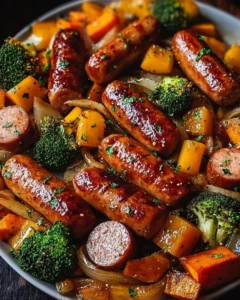 Delicious honey garlic sausage on a sheet pan with vegetables.