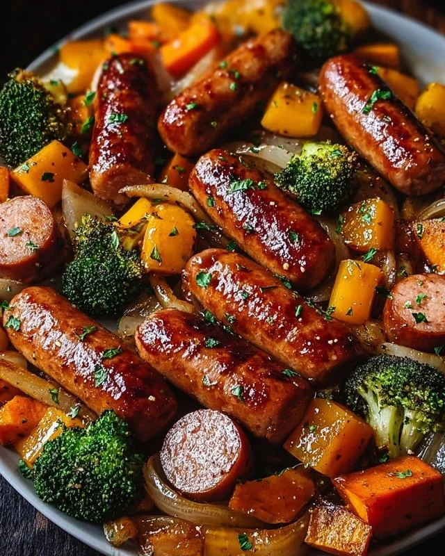 Delicious honey garlic sausage on a sheet pan with vegetables.