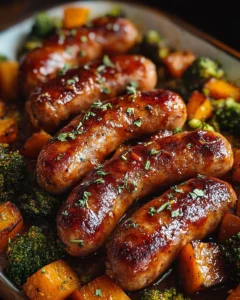 Delicious honey garlic sausage on a sheet pan with vegetables.