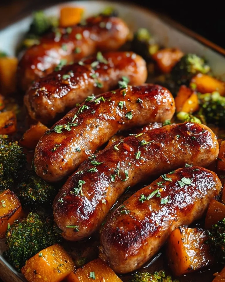 Delicious honey garlic sausage on a sheet pan with vegetables.