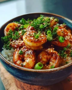 Delicious Honey Garlic Shrimp Bowl with colorful vegetables and rice