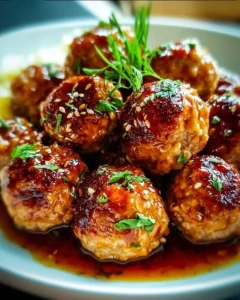 Honey garlic turkey meatballs served in a bowl with sauce and garnish.