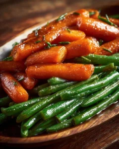 Honey glazed carrots and green beans in a serving bowl, ready to enjoy.