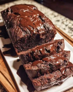 Hot fudge brownie bread slice with chocolate drizzle