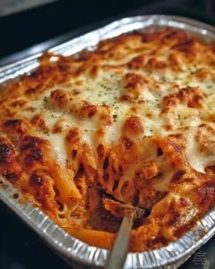 Delicious baked ziti served with melted cheese and herbs in a casserole dish.