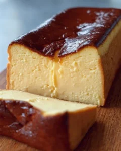 Slice of indulgent burnt basque cheesecake in a loaf pan