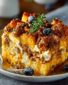 Delicious maple sausage casserole served in a dish, perfect for family breakfast.