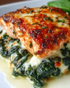 Irresistible baked salmon topped with fresh spinach and melted mozzarella cheese.