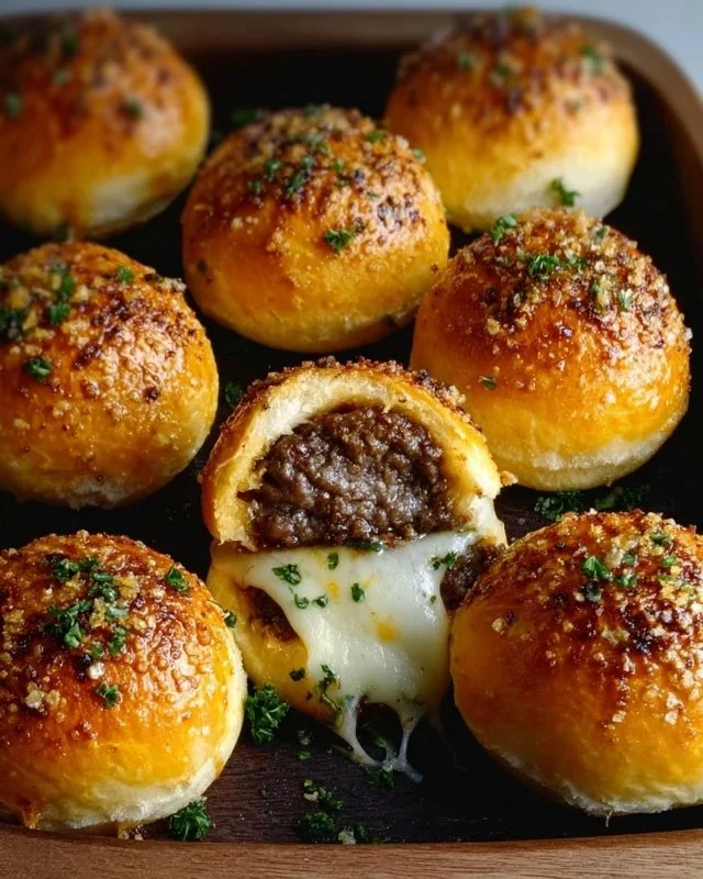 Delicious Garlic Parmesan Cheeseburger Bombs served on a plate.