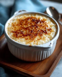 Creamy baked rice pudding topped with a sprinkle of cinnamon.
