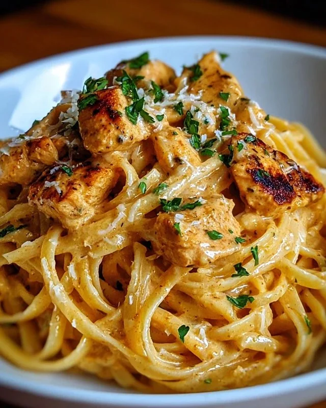 Irresistibly Easy Cowboy Butter Chicken Linguine dish served in a bowl.