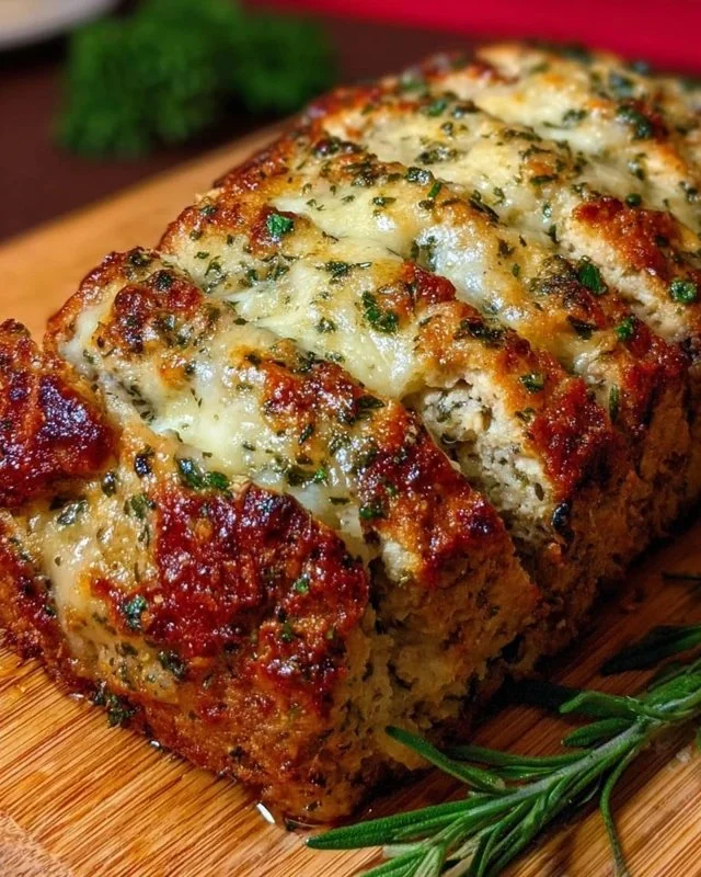 Juicy Italian Chicken Meatloaf served on a plate with herbs and a side of vegetables.
