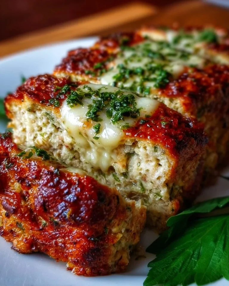 Slice of Italian chicken meatloaf with herbs and spices on a white plate