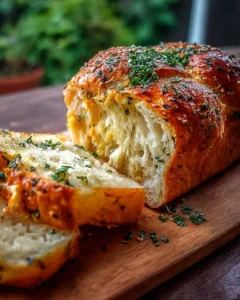 Freshly baked Italian herb and cheese bread on a rustic wooden table.