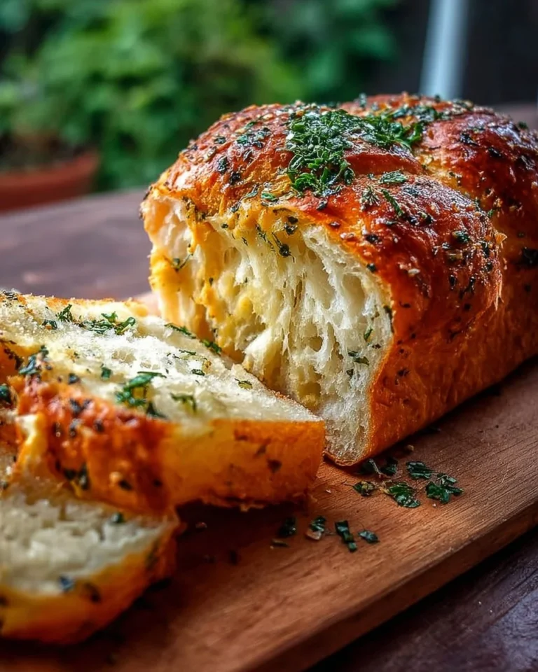 Freshly baked Italian herb and cheese bread on a rustic wooden table.