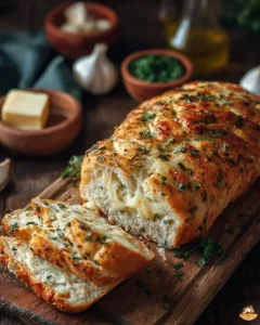 Freshly baked Italian herbs and cheese bread on a wooden cutting board.