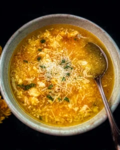 Bowl of Italian Penicillin Soup with fresh herbs and vegetables.