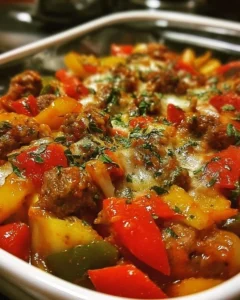Delicious Italian Sausage Casserole with peppers served in a baking dish