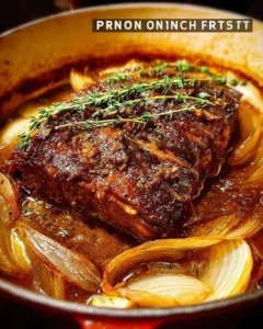 Juicy French Onion Pot Roast cooked with onions and herbs
