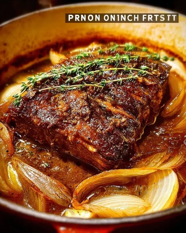 Juicy French Onion Pot Roast cooked with onions and herbs