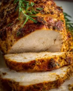 Juicy slow cooker turkey breast ready to serve with herbs and spices