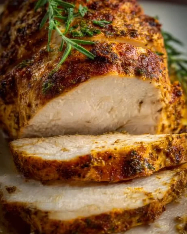 Juicy slow cooker turkey breast ready to serve with herbs and spices