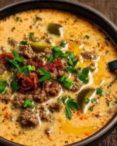 Delicious Keto Cheeseburger Soup in a bowl garnished with cheese and herbs