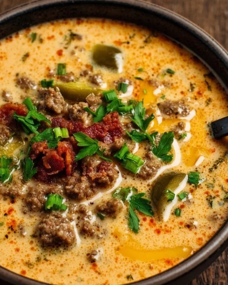 Delicious Keto Cheeseburger Soup in a bowl garnished with cheese and herbs