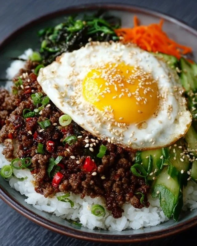 Delicious Korean Ground Beef Bowl with vegetables and rice