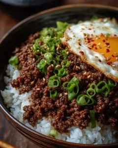 Delicious Korean Ground Beef Bowl served with rice and vegetables